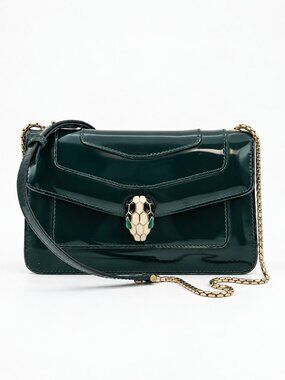 BVLGARI Serpenti Forever Green Patent Leather Snake Head Crossbody Bag